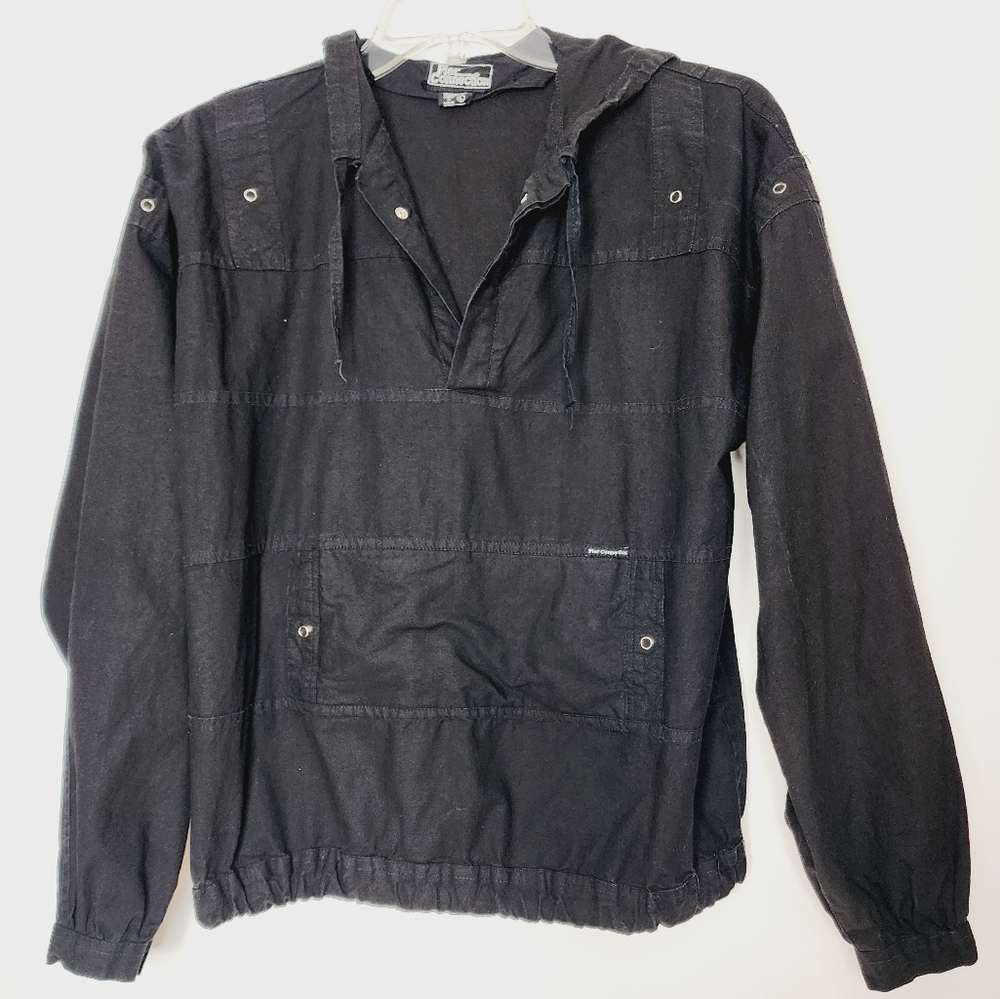 Vintage 90s mens large Black hooded pull over lightweight jacket